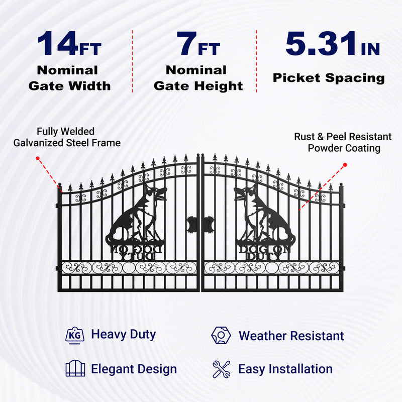 14x7 ft Steel Dual Swing Driveway Gate with Dog Pattern
