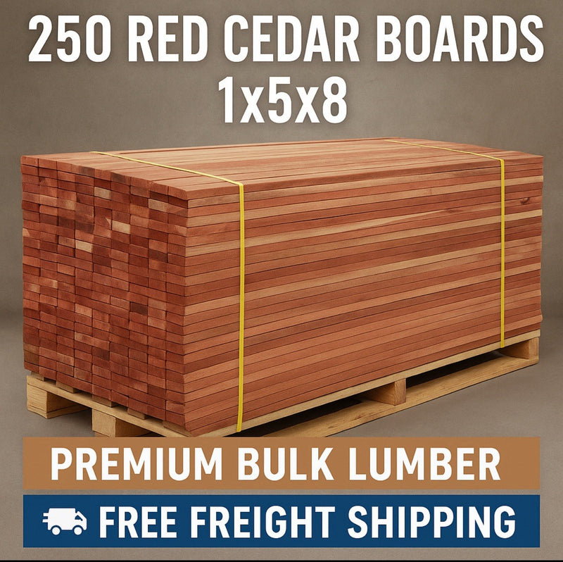 🪵 250 Red Cedar Boards 1x5x8 – Premium Bulk Lumber 🚚 Free Freight Shipping