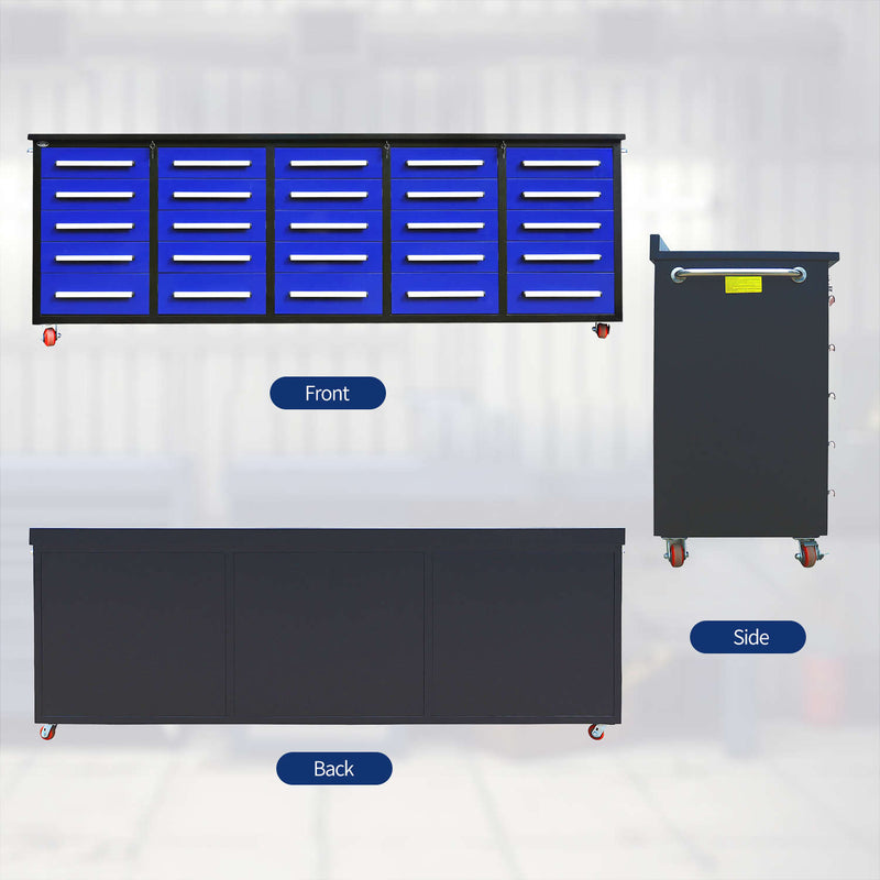 10ft 25-Drawer Storage Workbench with Wheels